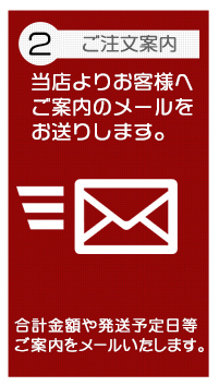 ご注文案内、合計金額や発送予定日をメールでご案内いたします。We will email you the total amount and estimated shipping date.